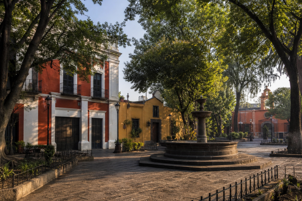 Plaza arbolada y arquitectura tradicional de Coyoacán, Ciudad de México