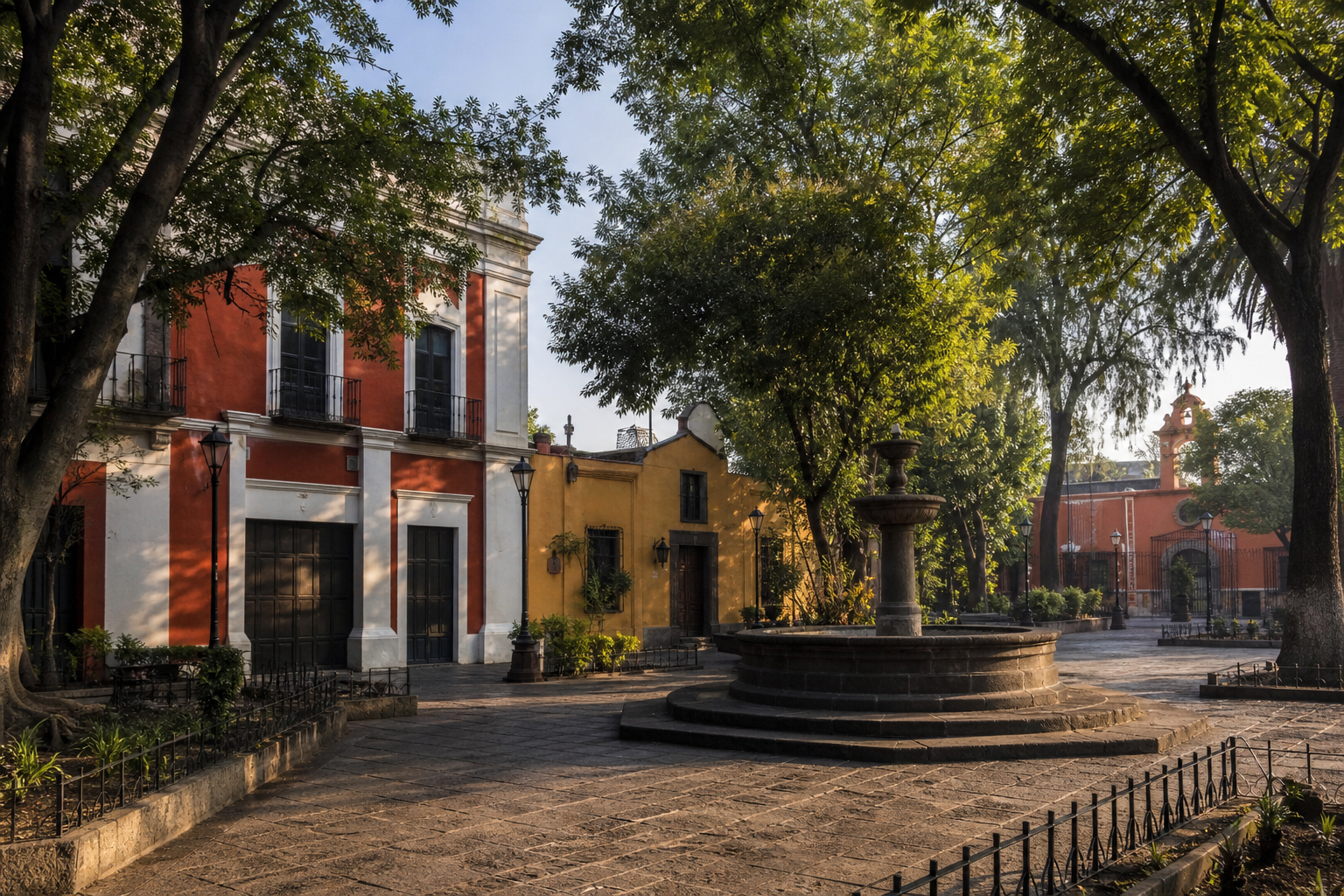 Plaza arbolada y arquitectura tradicional de Coyoacán, Ciudad de México
