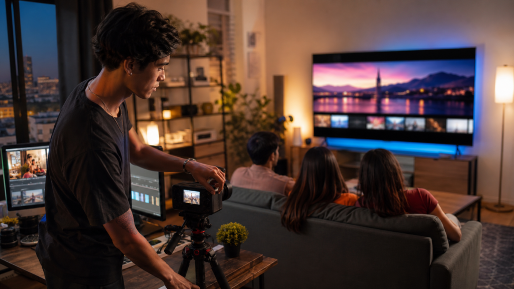 Creador ajusta una cámara mientras un grupo ve contenido digital en una televisión conectada